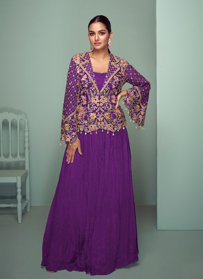Purple Multi Embroidered Jacket Style Lehenga Suit