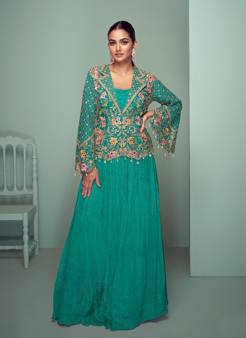 Persian Green Multi Embroidered Jacket Style Lehenga Suit