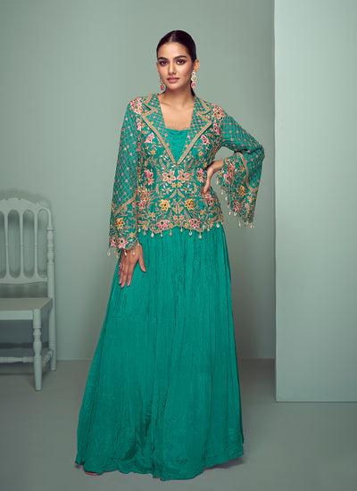 Persian Green Multi Embroidered Jacket Style Lehenga Suit