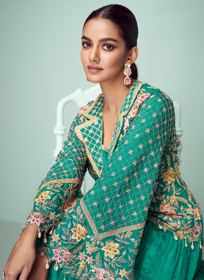 Persian Green Multi Embroidered Jacket Style Lehenga Suit
