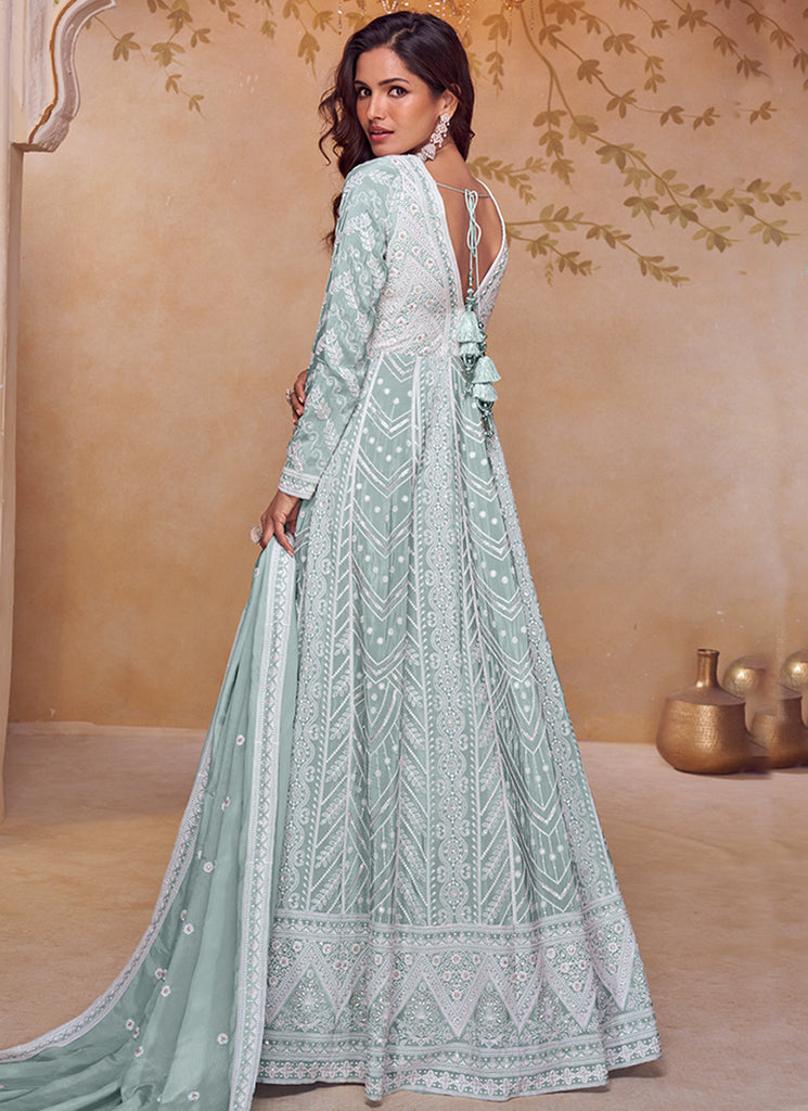 Light Blue Lucknowi Embroidery Anarkali Gown