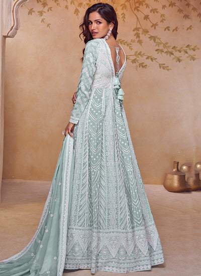 Light Blue Lucknowi Embroidery Anarkali Gown