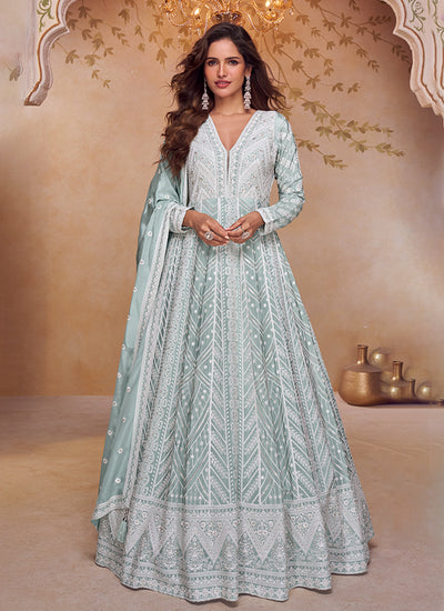 Light Blue Lucknowi Embroidery Anarkali Gown