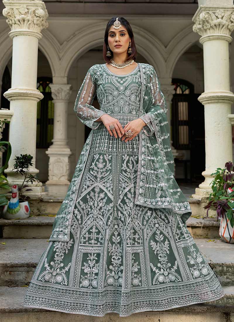 Light Green Embroidered Net Anarkali Gown
