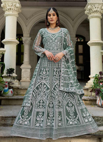 Light Green Embroidered Net Anarkali Gown