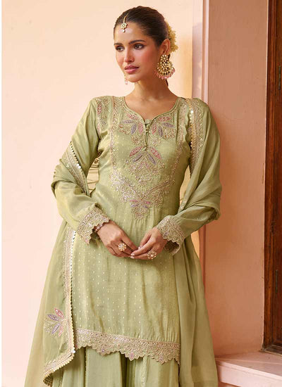 Light Green Embroidery Silk Gharara Suit