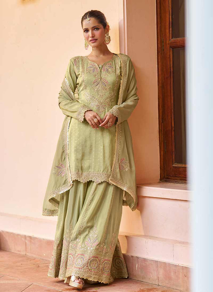 Light Green Embroidery Silk Gharara Suit