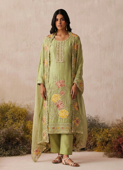 Light Green Floral Embroidery Pant Style Suit
