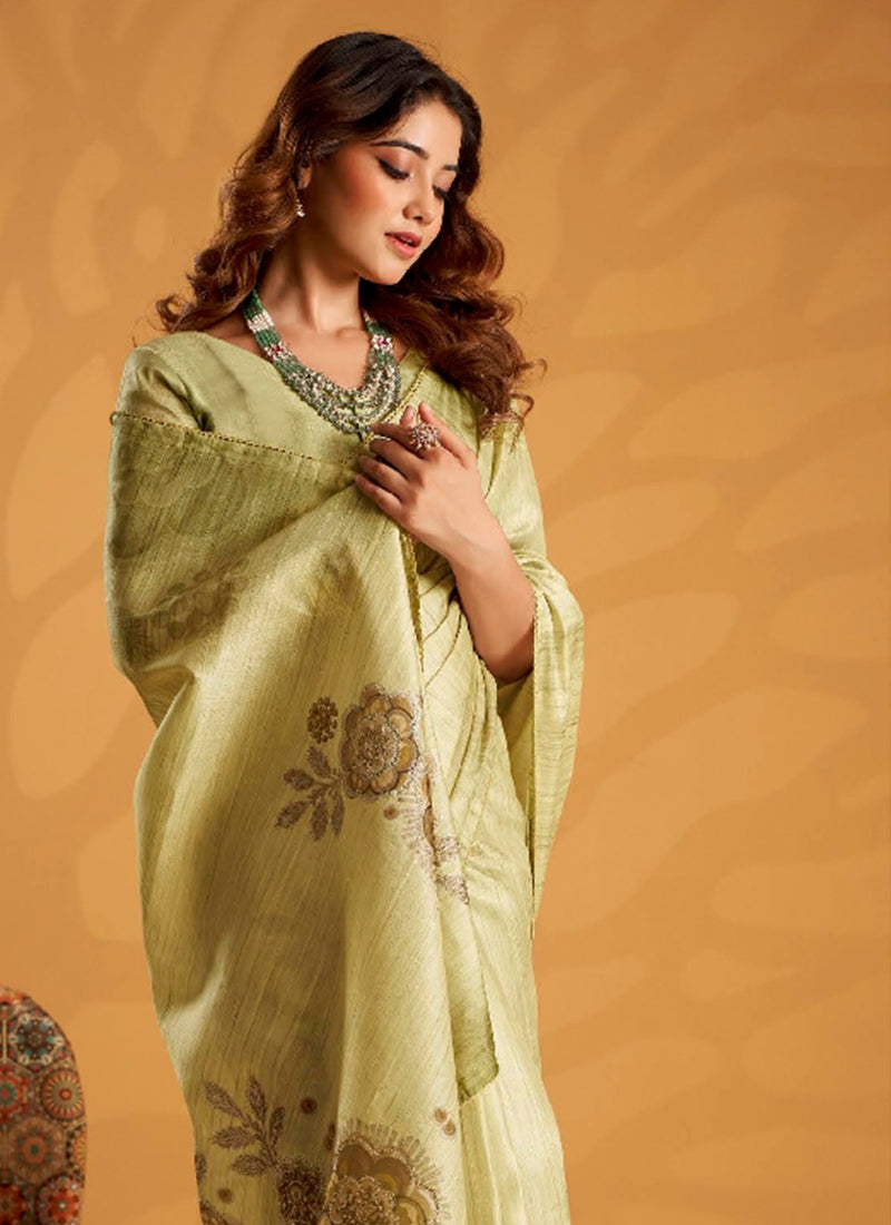Light Green Embroidered Traditional Silk Saree