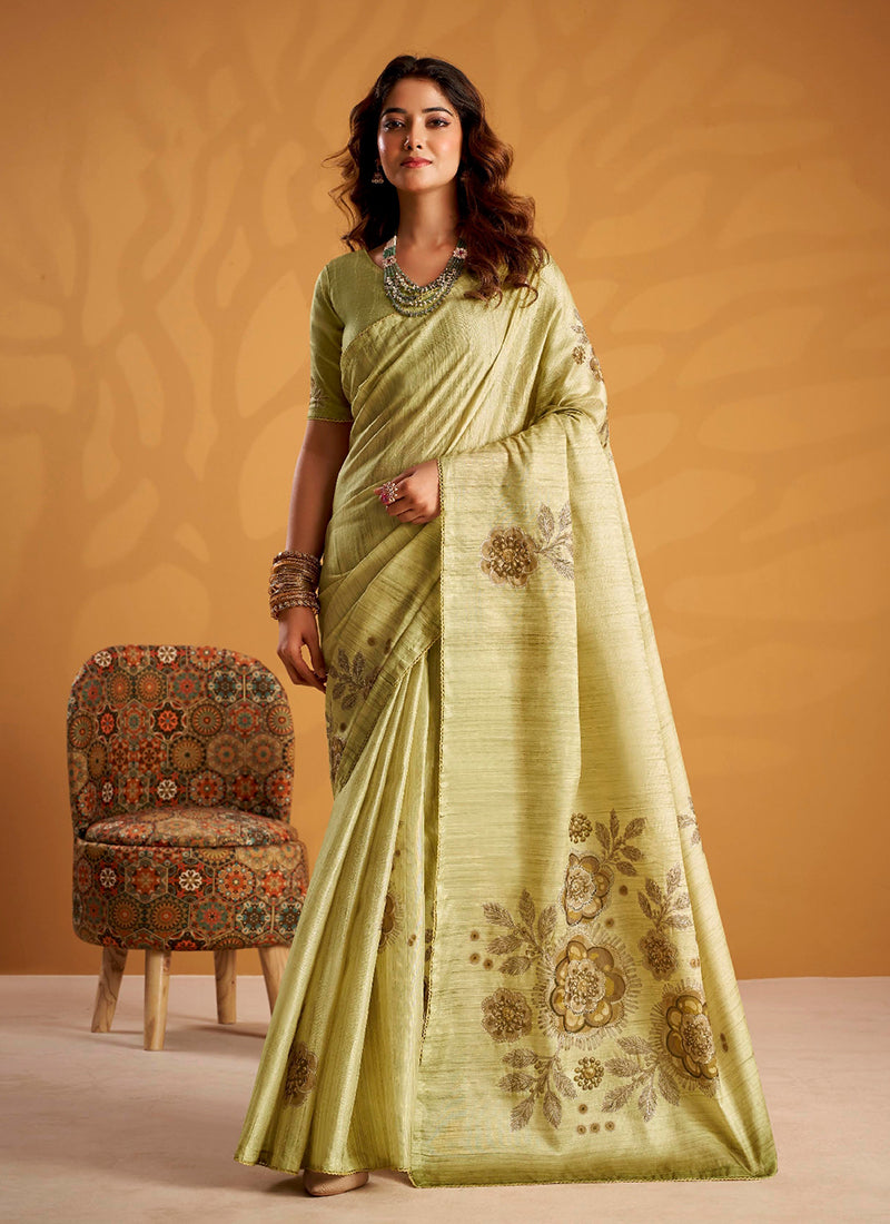 Light Green Embroidered Traditional Silk Saree