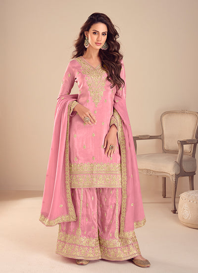 Light Pink Embroidered Palazzo Suit