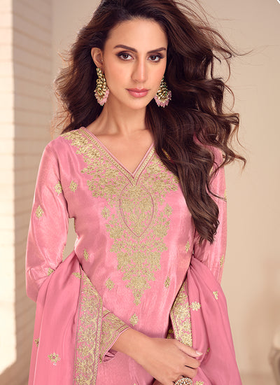 Light Pink Embroidered Palazzo Suit