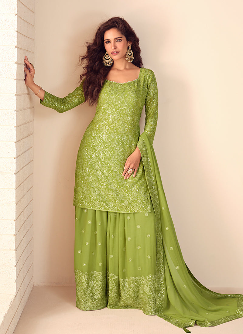 Lime Green Sequins Embroidery Gharara Style Suit
