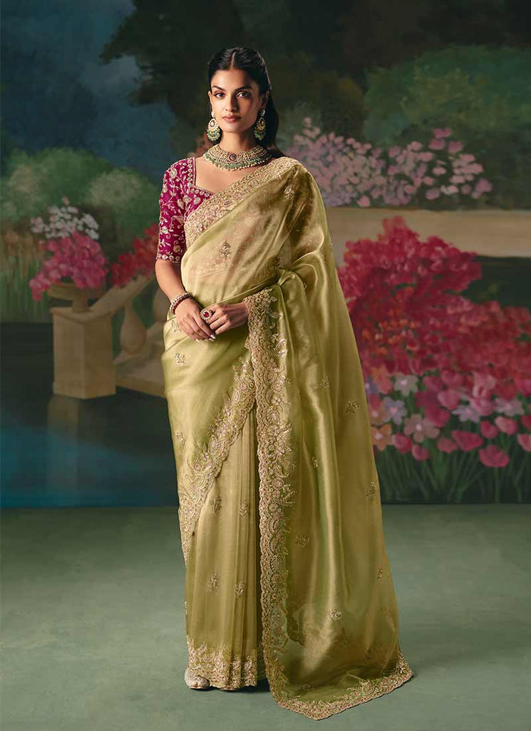 Lime Green and Magenta Embroidery Saree and Blouse