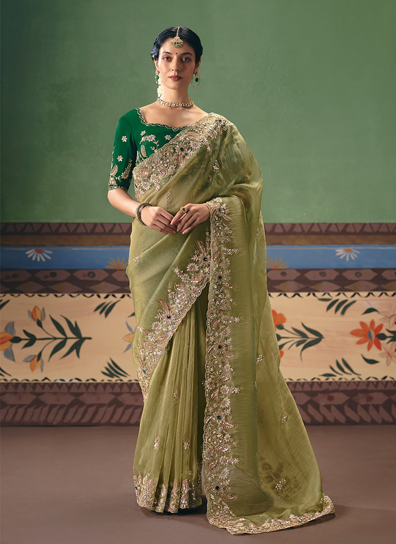 Lime Green Handwork Embroidered Silk Saree