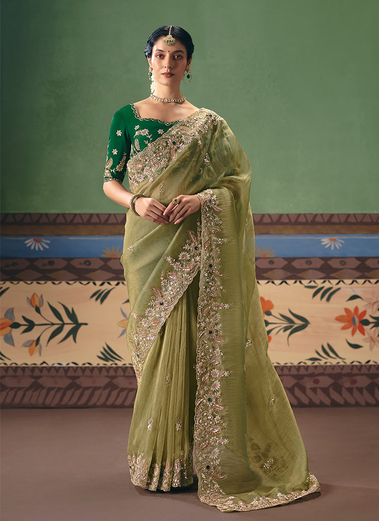 Lime Green Handwork Embroidered Silk Saree