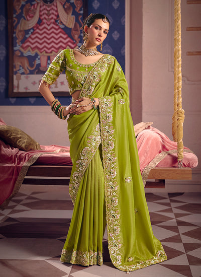 Lime Green Embroidered Tissue Silk Saree