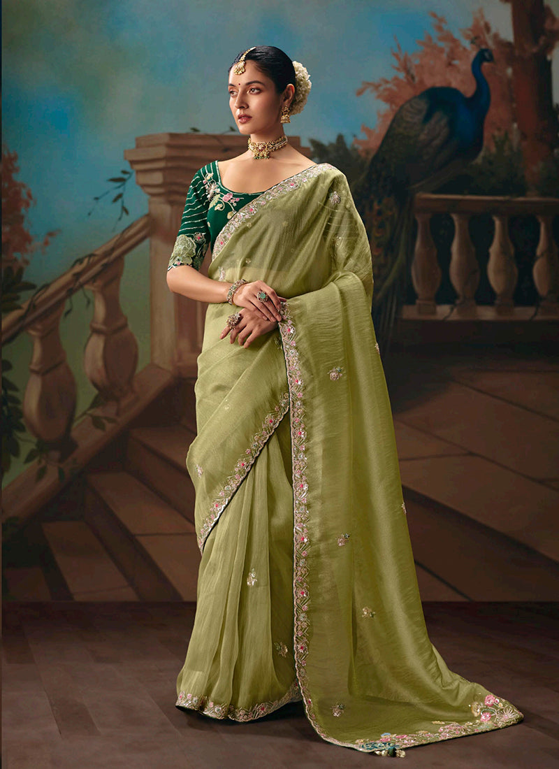 Lime and Green Embroidered Party Wear Silk Saree