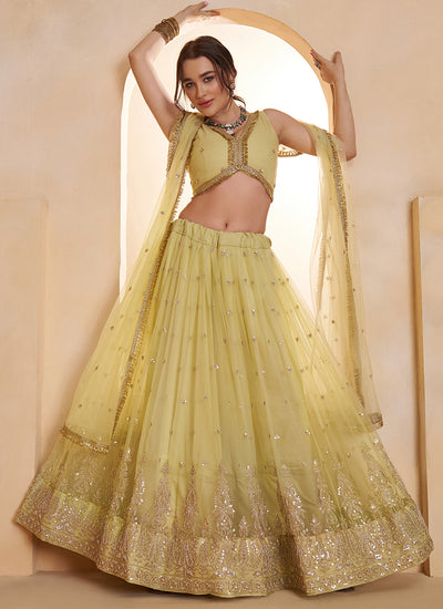 Lime Yellow Embroidered Party Wear Lehenga Choli