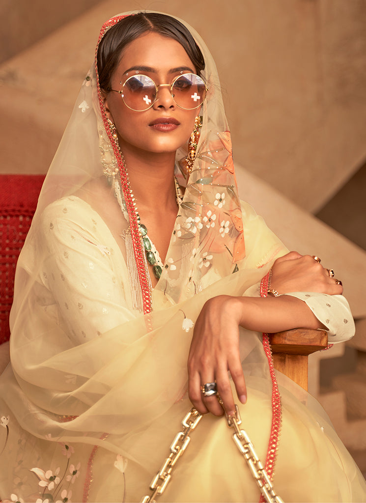 Lime Yellow Printed Festive Saree