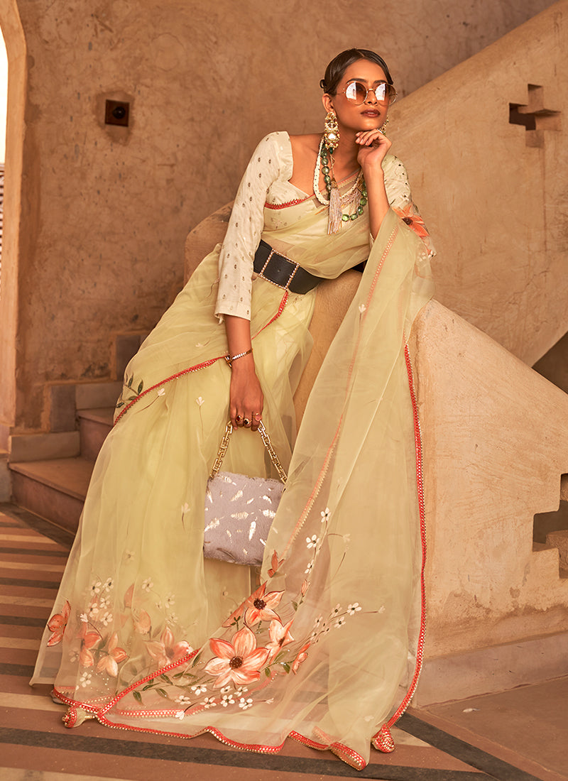 Lime Yellow Printed Festive Saree