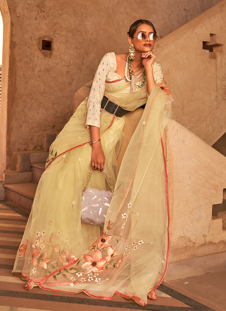 Lime Yellow Printed Festive Saree