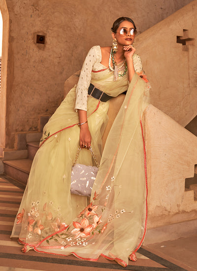 Lime Yellow Printed Festive Saree