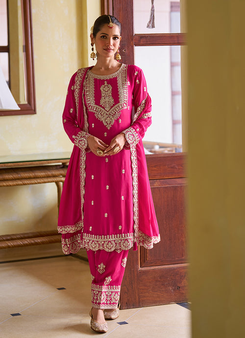Magenta Embroidered Silk Anarkali Pant Suit
