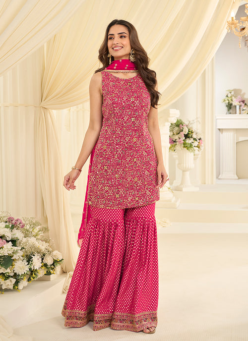 Magenta Traditional Embroidered Gharara Style Suit