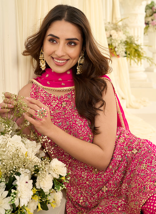 Magenta Traditional Embroidered Gharara Style Suit
