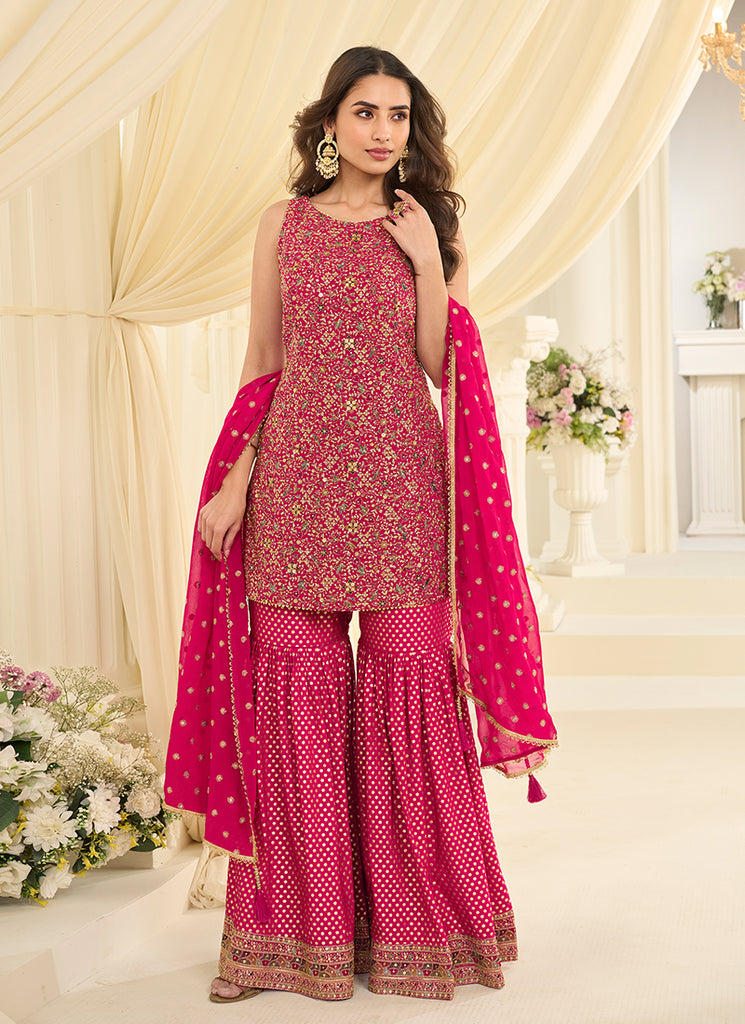 Magenta Traditional Embroidered Gharara Style Suit