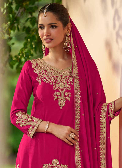 Magenta Embroidered Silk Gharara Suit