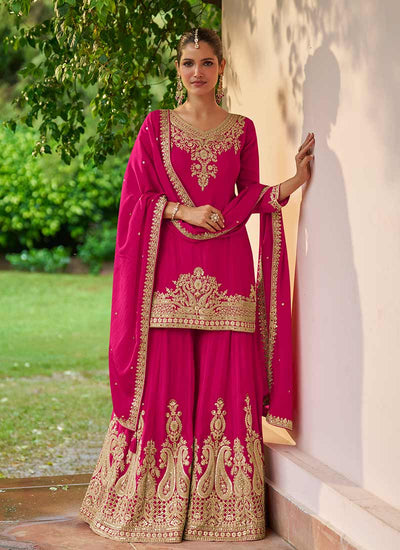 Magenta Embroidered Silk Gharara Suit