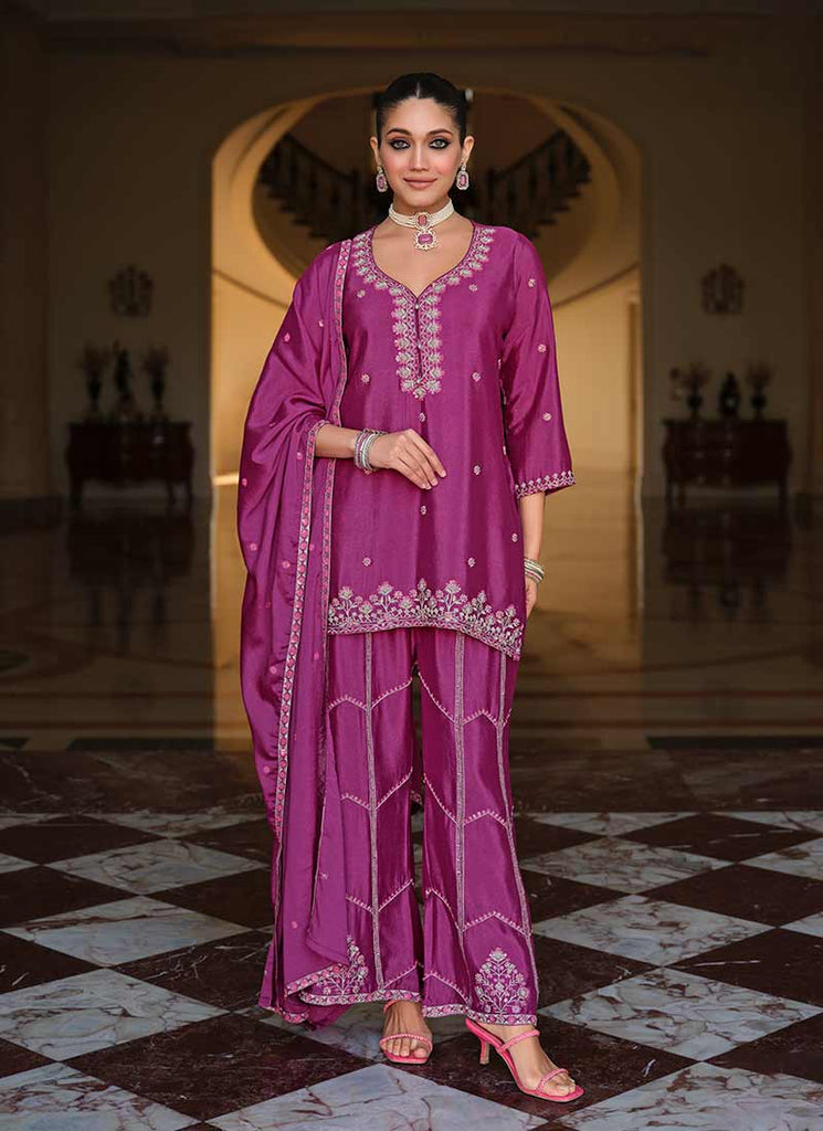 Magenta Reshamkari Embroidery Palazzo Style Suit