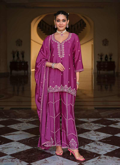 Magenta Reshamkari Embroidery Palazzo Style Suit