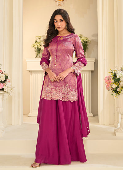 Magenta Handwork Embroidery Palazzo Style Suit