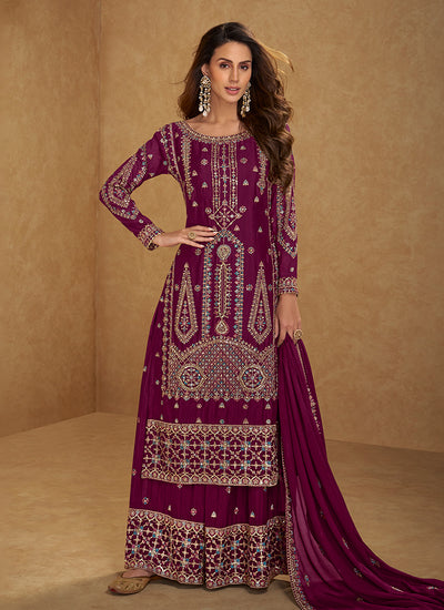 Deep Magenta Multi Embroidered Palazzo Suit
