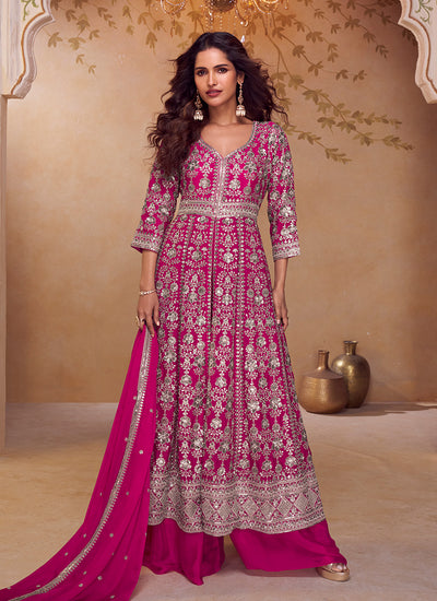 Magenta Embroidered Slit Style Anarkali Palazzo Suit