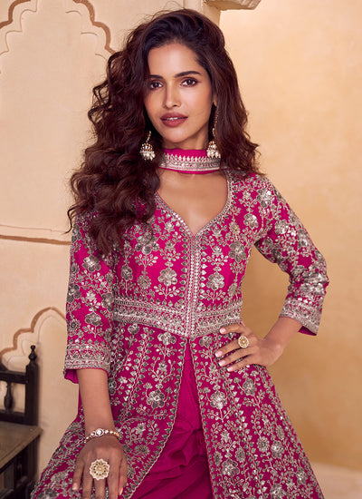 Magenta Embroidered Slit Style Anarkali Palazzo Suit