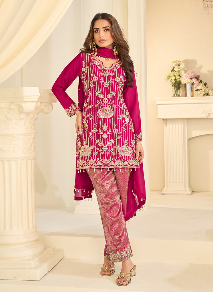 Magenta Embroidery Silk Pant Style Suit