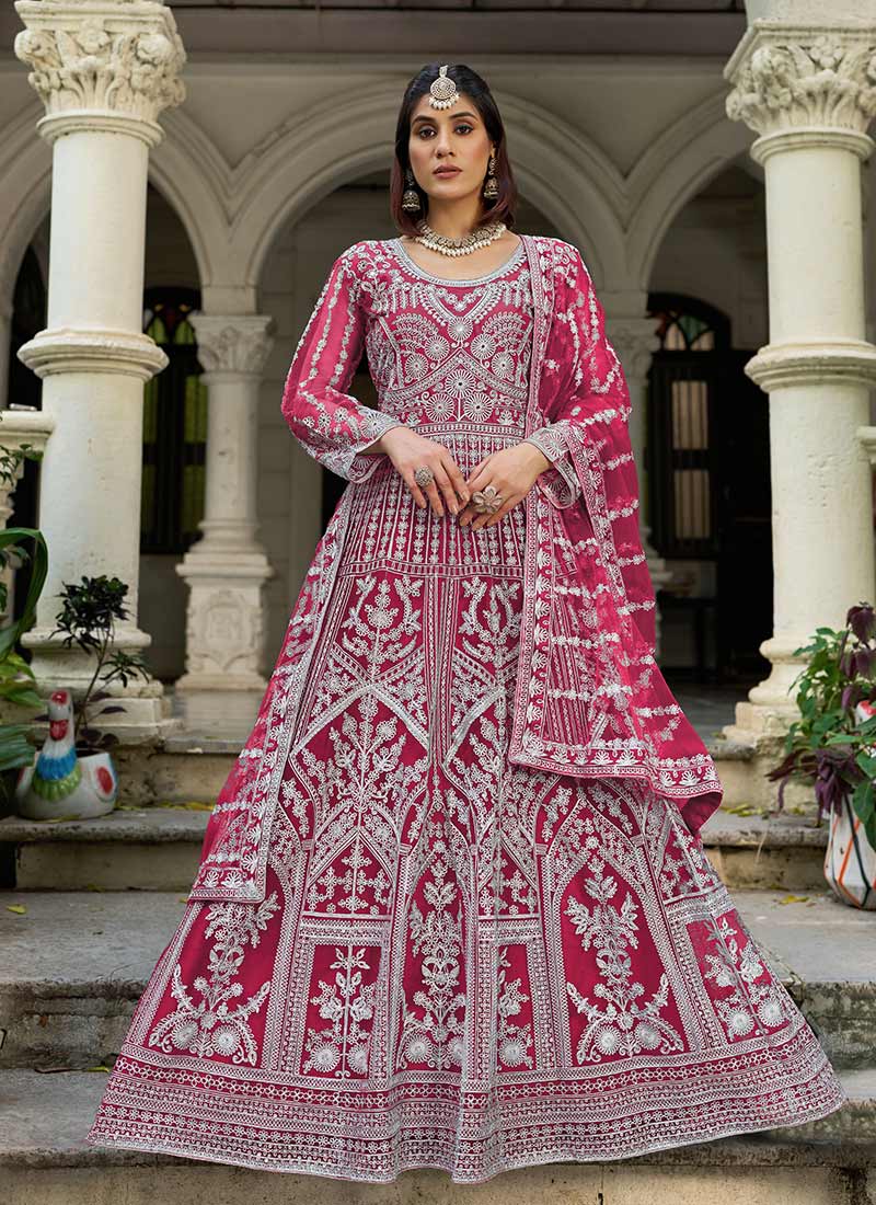 Magenta Pink Embroidered Net Anarkali Gown