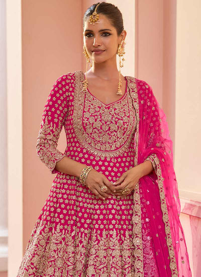 Magenta Pink Embroidered Anarkali Lehenga