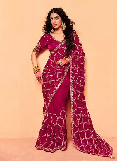 Magenta Pink Embroidered Bridal Saree