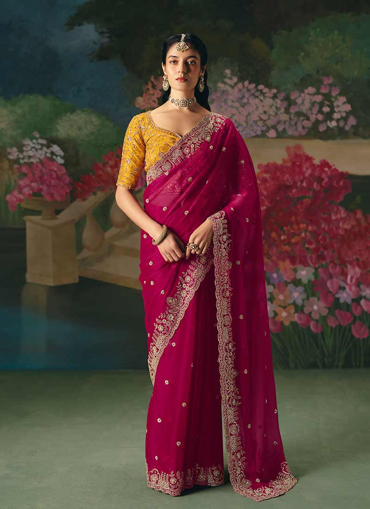 Magenta Pink and Yellow Embroidery Saree and Blouse