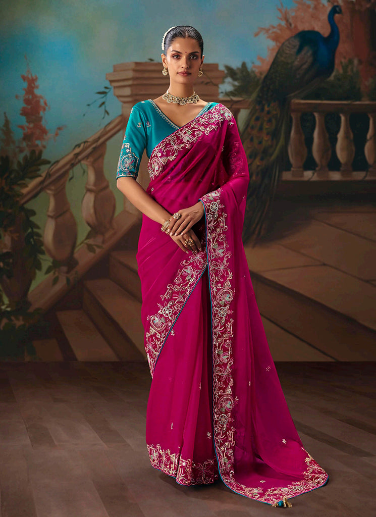 Magenta and Blue Embroidered Party Wear Silk Saree