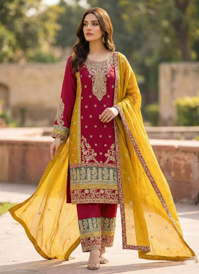Magenta Pink and Yellow Multi Embroidered Pant Suit