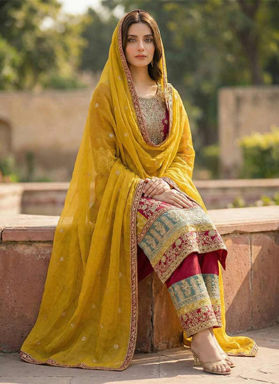 Maroon and Yellow Multi Embroidered Pant Suit