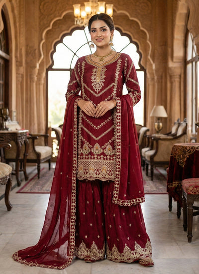 Maroon Traditional Embroidered Gharara Suit