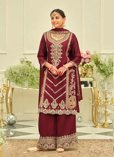 Maroon Embroidery Pakistani Palazzo Suit