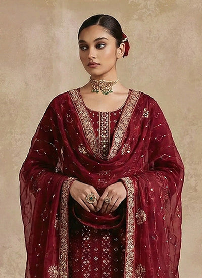 Maroon Traditional Embroidery Festive Salwar Kameez